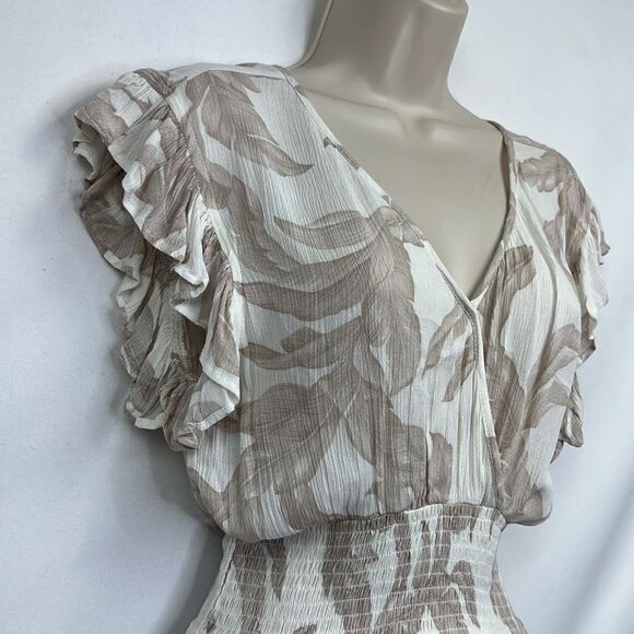 Elan Tan and white tropical print smocked waist wrap top mini dress NWT size XS - Picture 7 of 16